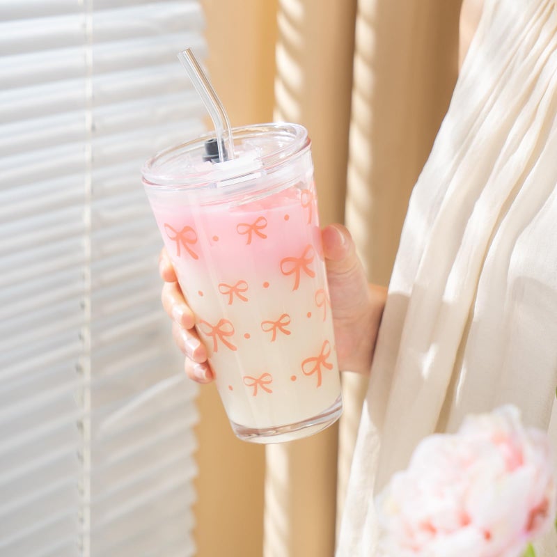 Olvini Coquette Cute Pink Bow Glass Cups with Lids and Straws, Aesthetic Iced Coffee Cups, Preppy Glass Cups, Coffee Tumbler, Matcha Cup, Teen Girl Gifts Trendy Stuff (Bow) - Image 3