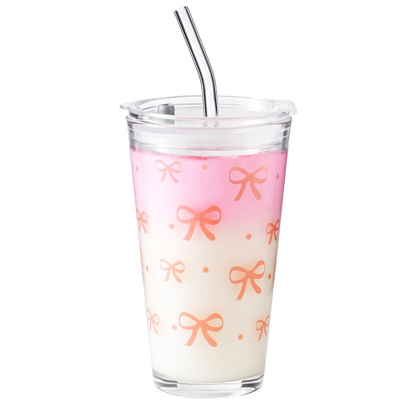 Olvini Coquette Cute Pink Bow Glass Cups with Lids and Straws, Aesthetic Iced Coffee Cups, Preppy Glass Cups, Coffee Tumbler, Matcha Cup, Teen Girl Gifts Trendy Stuff (Bow) - Image 1