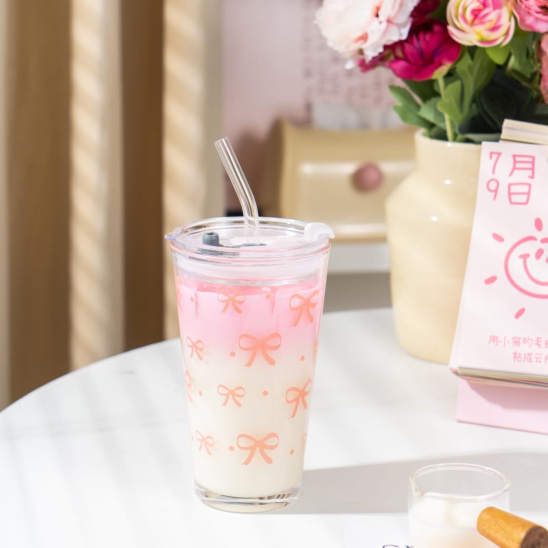Olvini Coquette Cute Pink Bow Glass Cups with Lids and Straws, Aesthetic Iced Coffee Cups, Preppy Glass Cups, Coffee Tumbler, Matcha Cup, Teen Girl Gifts Trendy Stuff (Bow) - Image 4