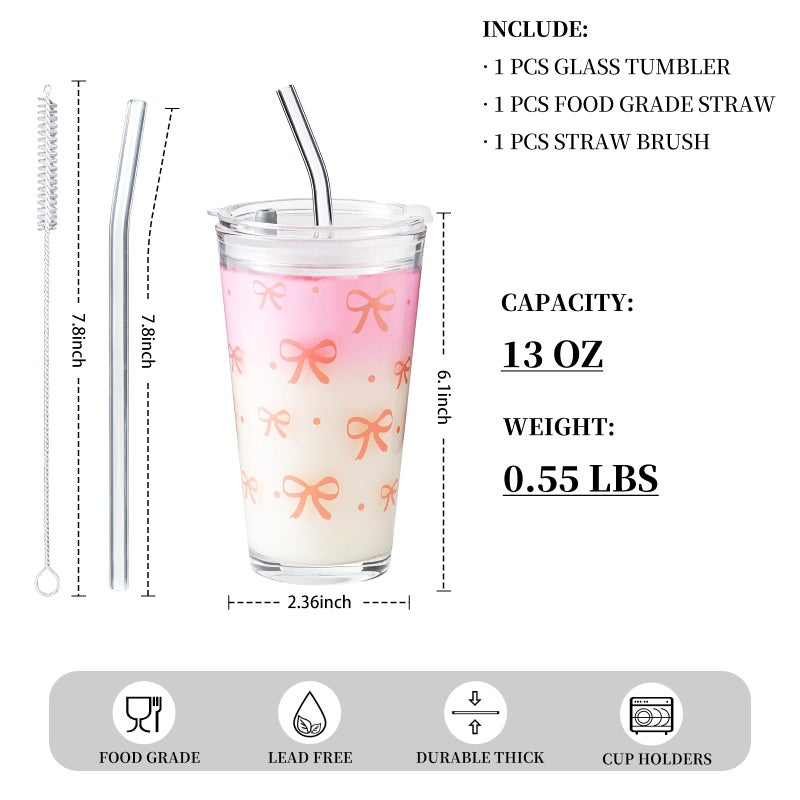 Olvini Coquette Cute Pink Bow Glass Cups with Lids and Straws, Aesthetic Iced Coffee Cups, Preppy Glass Cups, Coffee Tumbler, Matcha Cup, Teen Girl Gifts Trendy Stuff (Bow) - Image 2