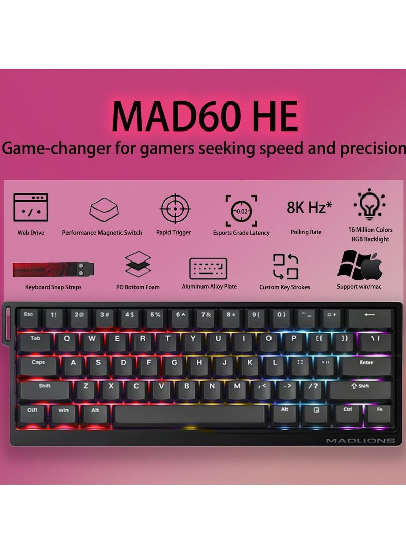 مادليونس لوحة مفاتيح ميكانيكية سلكية 60% MAD60HE بمفتاح مغناطيسي RGB مع تشغيل قابل للتعديل ومعدل تصويت 8000 هرتز ووضع تشغيل سريع ومفاتيح تأثير هول لأجهزة الكمبيوتر والماك للاستخدام اليومي والألعاب والهدايا - Image 3