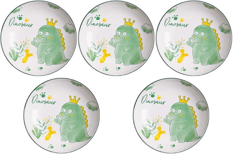 Decohomeforu Set of 5 Porcelain Plates with Dinosaur Pattern 7 inch Large Dessert Salad Ceramic Dinner Plates Serving Pasta Dishes for Steak Pasta Pizza Appetizer Dishwasher  Microwave Safe  - Image 1