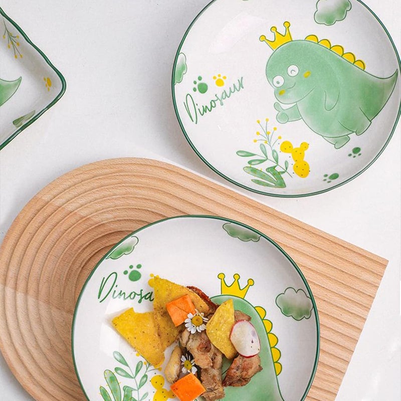 Decohomeforu Set of 5 Porcelain Plates with Dinosaur Pattern 7 inch Large Dessert Salad Ceramic Dinner Plates Serving Pasta Dishes for Steak Pasta Pizza Appetizer Dishwasher  Microwave Safe  - Image 5