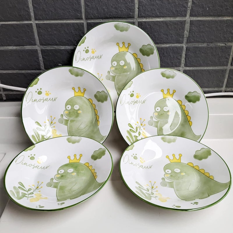 Decohomeforu Set of 5 Porcelain Plates with Dinosaur Pattern 7 inch Large Dessert Salad Ceramic Dinner Plates Serving Pasta Dishes for Steak Pasta Pizza Appetizer Dishwasher  Microwave Safe  - Image 3