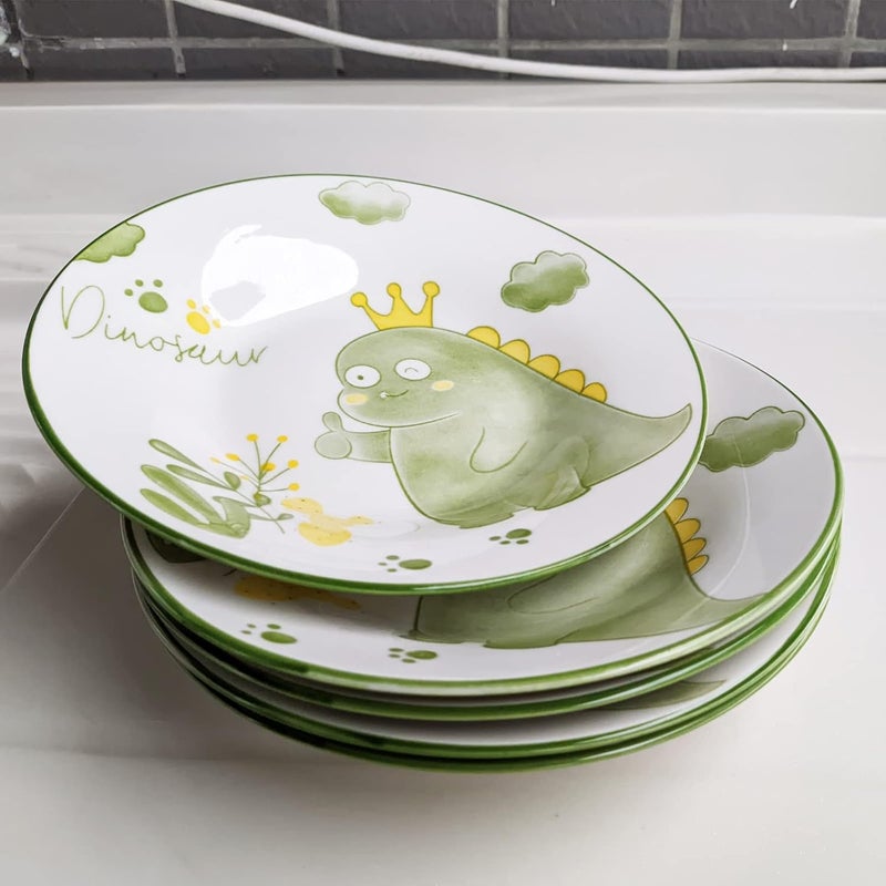 Decohomeforu Set of 5 Porcelain Plates with Dinosaur Pattern 7 inch Large Dessert Salad Ceramic Dinner Plates Serving Pasta Dishes for Steak Pasta Pizza Appetizer Dishwasher  Microwave Safe  - Image 4