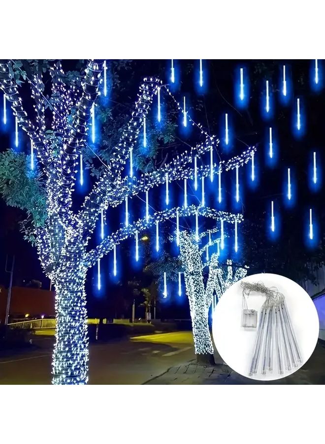 أضواء المطر النجمية الزرقاء تعمل بالبطارية لشجرة الكريسماس - 8 أنابيب للديكور الخارجي - Image 1
