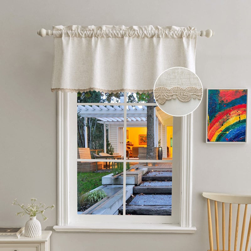 Beda HomeTasselLinenValance withEmbroideryBorder forFarmhouses KitchenLightFilteringRustic Short Topper for Small Windows BedroomPrivacy AddedRodPocket Design Design 2 52Wx18L  1PC