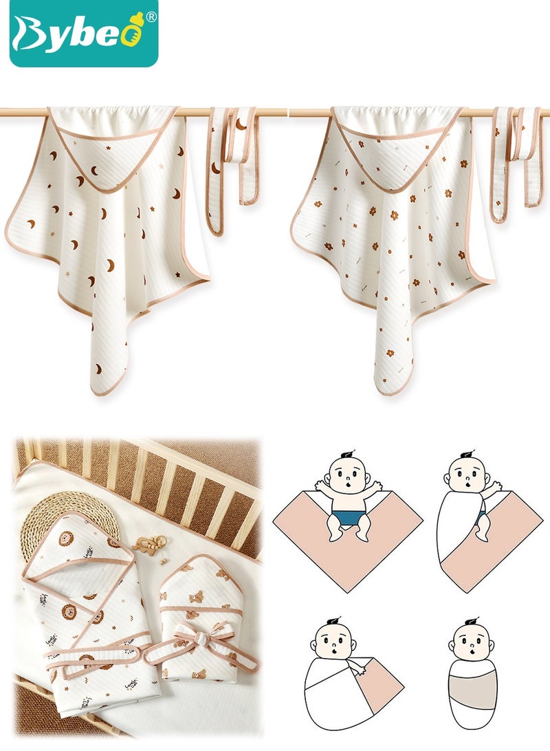 Bybeo 2 PCS Baby Swaddle Blanket Wrap Cap Set Newborn Infant Sleep Sack With Caps and Belt, 100% Breathable Cotton 0-12 Month - Image 1