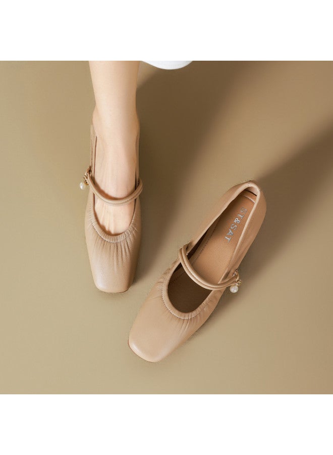 St&Sat Suede】3.5cm Heel Mary Jane Shoes For Women, New Versatile Wrinkle Detail Commuting Chunky Heel Flats - Image 4