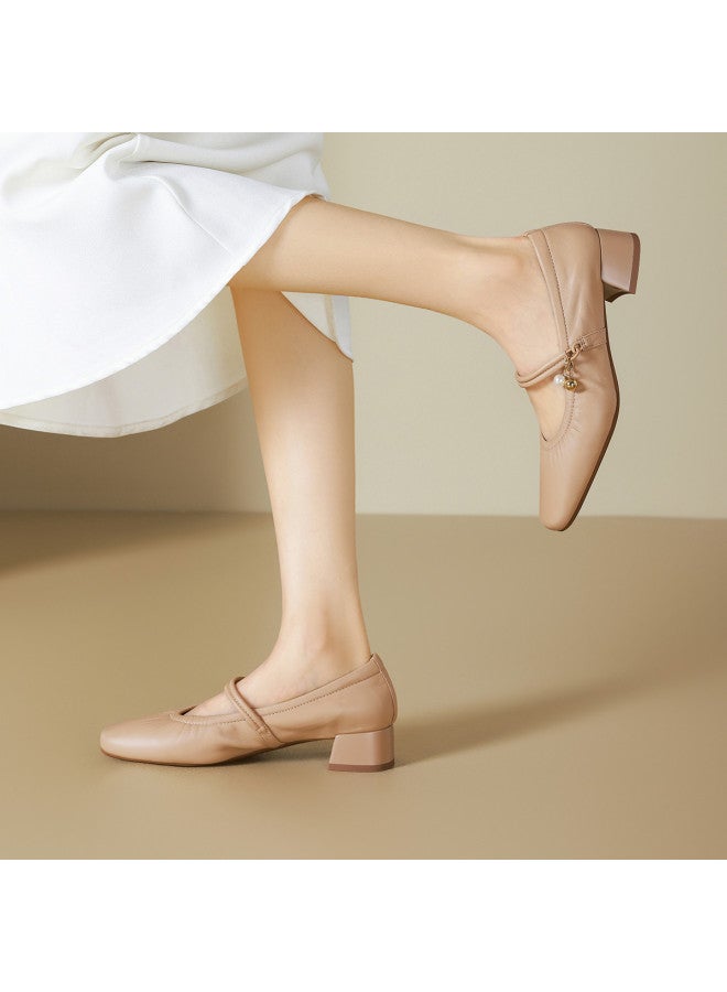 St&Sat Suede】3.5cm Heel Mary Jane Shoes For Women, New Versatile Wrinkle Detail Commuting Chunky Heel Flats - Image 5