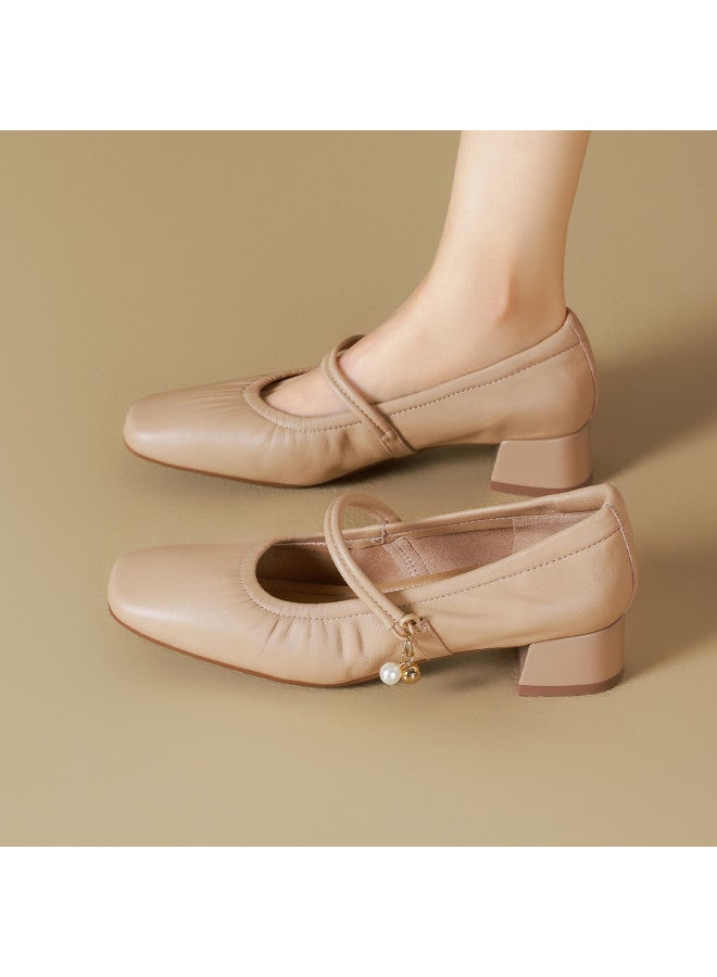 St&Sat Suede】3.5cm Heel Mary Jane Shoes For Women, New Versatile Wrinkle Detail Commuting Chunky Heel Flats - Image 2