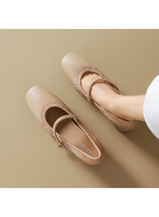 St&Sat Suede】3.5cm Heel Mary Jane Shoes For Women, New Versatile Wrinkle Detail Commuting Chunky Heel Flats - Image 3