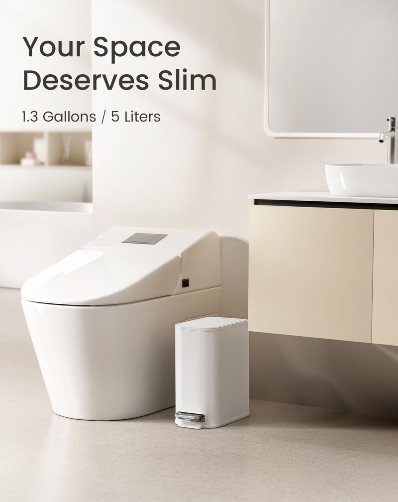 Cesun Small Bathroom Trash Can with Lid Soft Close, Step Pedal, 5 Liter / 1.3 Gallon Stainless Steel Garbage Can with Removable Inner Bucket, Waste Basket for Bathroom, Bedroom (White) - Image 2