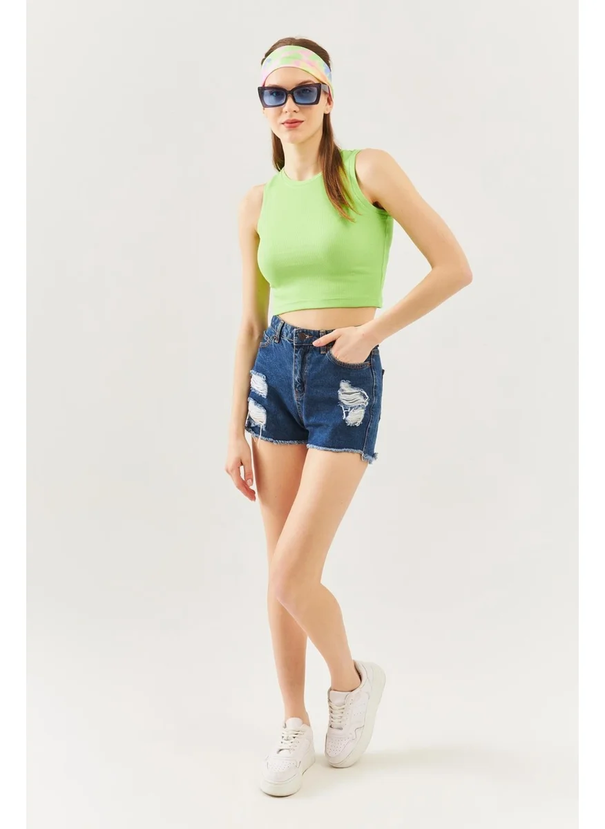 Butikgiz Fıstık Yeşili Sıfır Kol Bisiklet Yaka Vücuda Oturan %100 Pamuklu Kaşkorse Esnek Crop Bluz