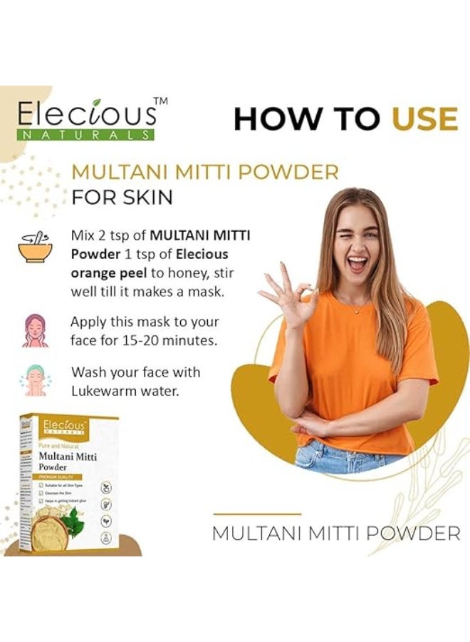 Elecious 100% Natural Multani Mitti powder for Exfoliating, Soothing, Nourishing, Smoothening Face, Skin and Hair Fuller's Earth, Bentonite Clay (200 Grams) - Image 2