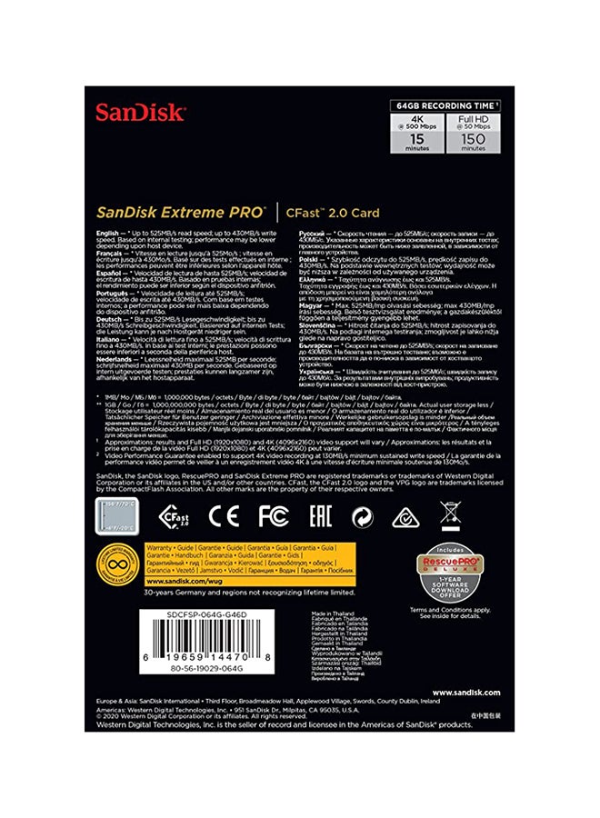 sandisk Extreme PRO CFAST 2.0 Card – Speed Up To 525MB/s - 64 GB SDCFSP-064G-G46D - Image 3