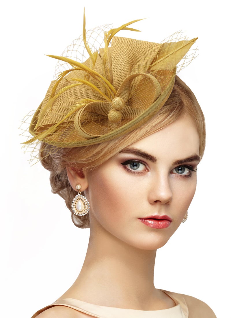 Zinniday Tea Party Hat for Women - 2026 Derby Fascinator with Detachable Headband (7.87 â€œx5.9â€ / Head Circumference 21.5â€œ-23.5â€) - Lightweight Feather & Polyester Gold - Image 1