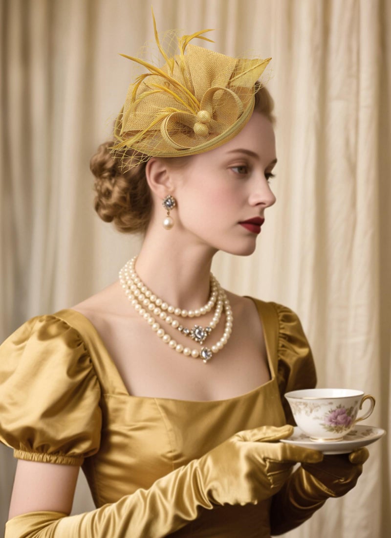 Zinniday Tea Party Hat for Women - 2026 Derby Fascinator with Detachable Headband (7.87 â€œx5.9â€ / Head Circumference 21.5â€œ-23.5â€) - Lightweight Feather & Polyester Gold - Image 3