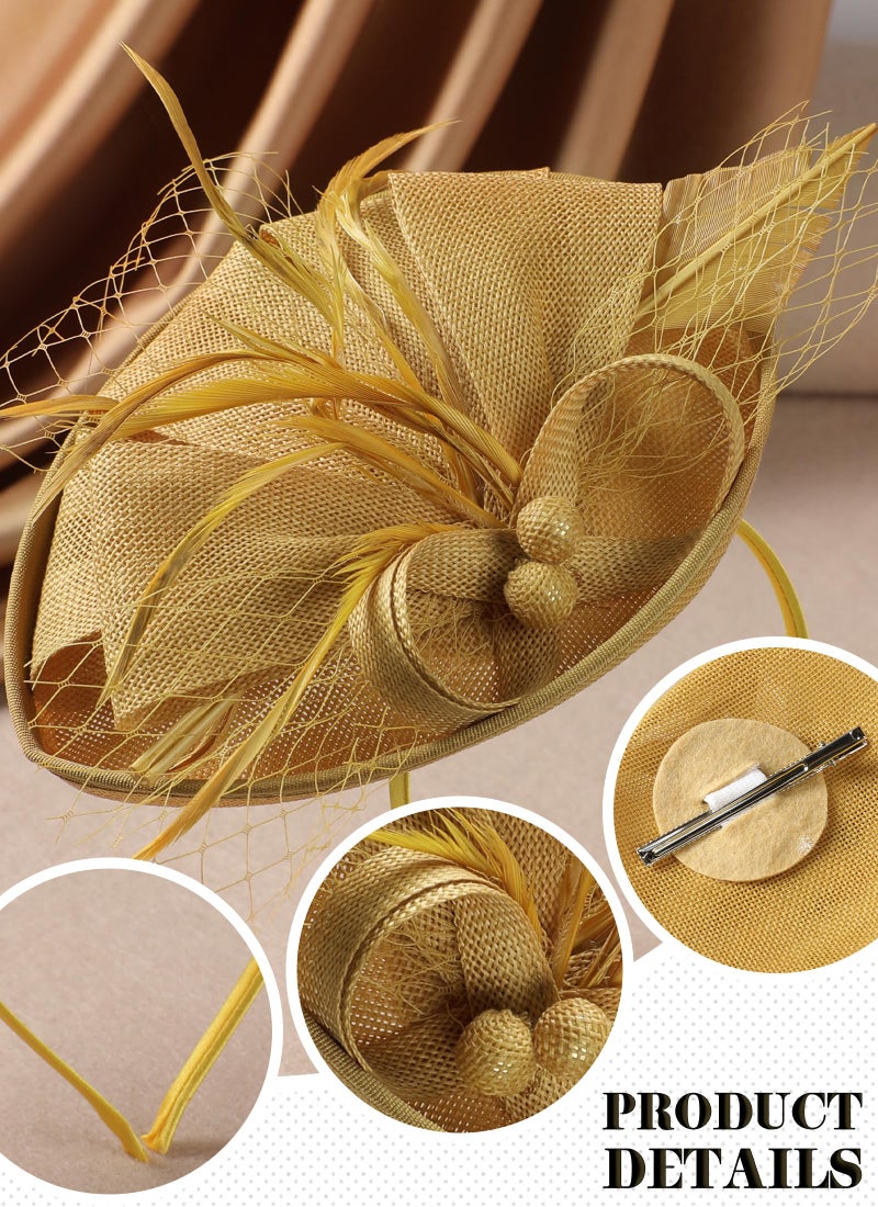 Zinniday Tea Party Hat for Women - 2026 Derby Fascinator with Detachable Headband (7.87 â€œx5.9â€ / Head Circumference 21.5â€œ-23.5â€) - Lightweight Feather & Polyester Gold - Image 5
