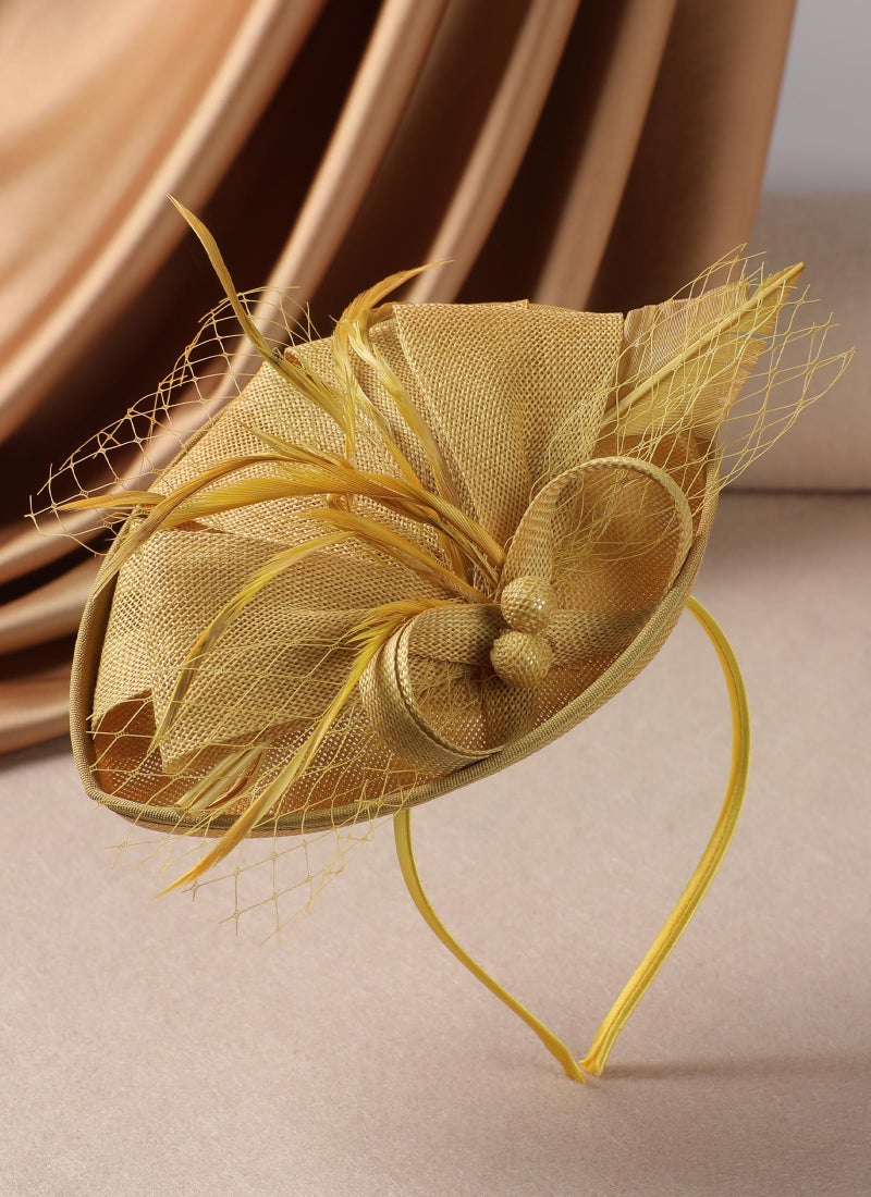Zinniday Tea Party Hat for Women - 2026 Derby Fascinator with Detachable Headband (7.87 â€œx5.9â€ / Head Circumference 21.5â€œ-23.5â€) - Lightweight Feather & Polyester Gold - Image 4