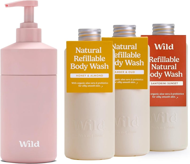 Wild Natural Refillable Body Wash Starter Kit Rose Pink Aluminium Case 3 Pack of Shower Gel Refills in a Variety of Scents Includes Honey Almond Amber Oud and Santorini Sunset Scents