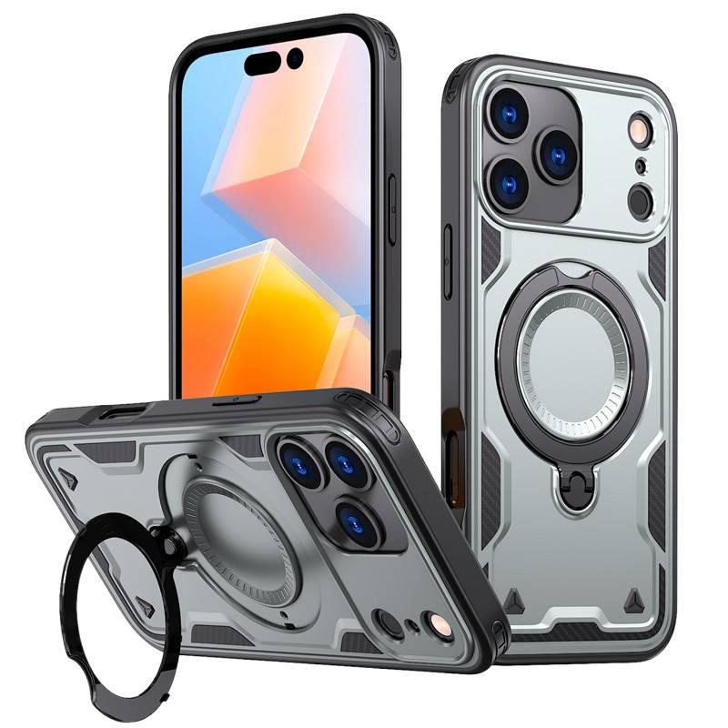 غطاء MagSafe بTPU + PC لـ iPhone 17 / 17 Air / 17 Pro / 17 Pro Max مع حامل قابل للطي ودوران 360 درجة مع مقاوم للصدمات مع مغناطيس قوي مع حماية من السقوط باللون رمادي مغناطيسي بوظيفة. - Image 1