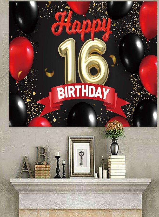DZTRELFK Happy 16th Birthday Banner Gold Golden Backdrop Red and Black Balloons Theme Decor for Girls Women Princess 16 Years Old Birthday Party Bday Photo Booth Props Background Favors Decorations Glitter - Image 4