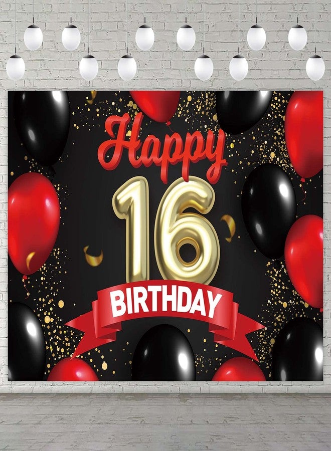 DZTRELFK Happy 16th Birthday Banner Gold Golden Backdrop Red and Black Balloons Theme Decor for Girls Women Princess 16 Years Old Birthday Party Bday Photo Booth Props Background Favors Decorations Glitter - Image 1