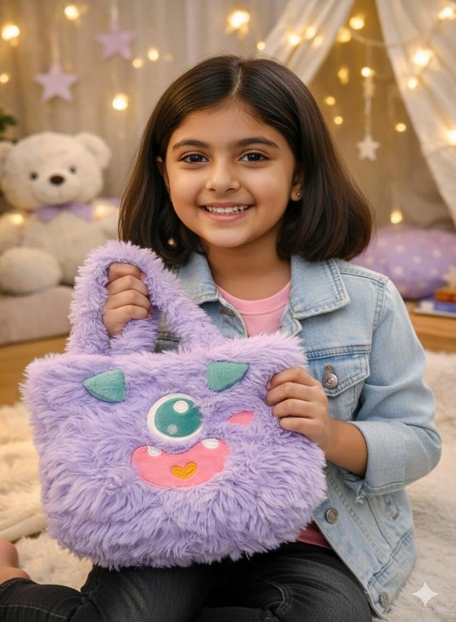 NEHEERA حقيبة يد فروية للبنات من نيهيرا، بتصميم وجه وحش أرجواني بقرون، حقيبة يد قطيفة للأطفال (لافندر) - Image 3