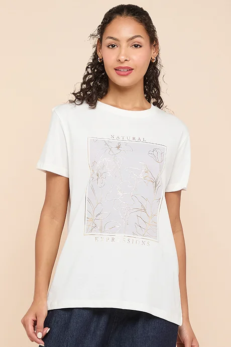 أر أند بي Foil Print T-Shirt with Crew Neck and Short Sleeves