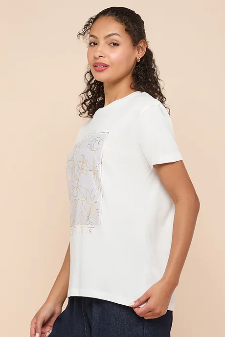 أر أند بي Foil Print T-Shirt with Crew Neck and Short Sleeves