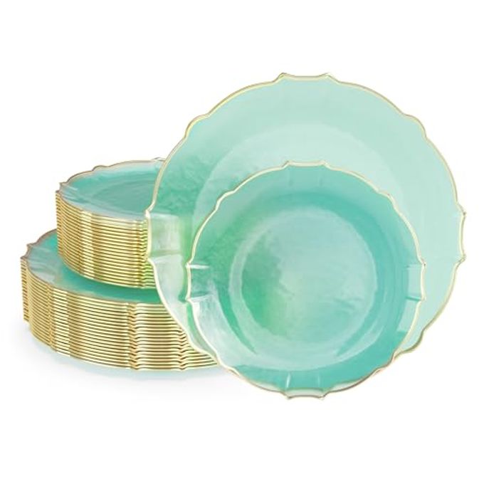 Exquisite Tinted Plates 80 Piece Plastic Disposable Plates for Party Set For 40 Guests 40 X 7.5 Dessert Plates & 40 X 10 Thin Delicate Fancy Plastic Plates Disposable Dinnerware Mint Gold Rim