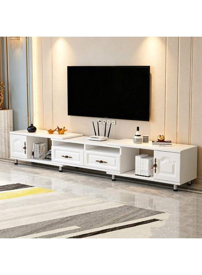 NEWLAN 140cm-220cm TV Stand with 2 Storage Cabinets and Drawers, Modern Style White Furniture TV Entertainment Center, Easy to Assemble for Living Room, Bedroom. - Image 1