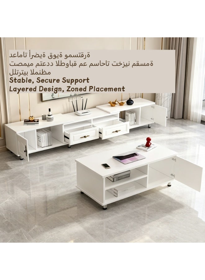 NEWLAN 140cm-220cm TV Stand with 2 Storage Cabinets and Drawers, Modern Style White Furniture TV Entertainment Center, Easy to Assemble for Living Room, Bedroom. - Image 2