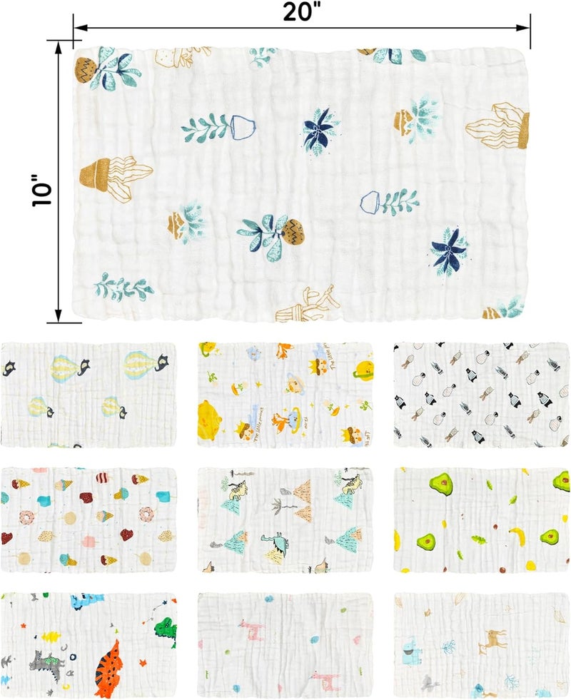 FOOK FISH Muslin Burp Cloths Large 20''x10'' 10 Packs for Baby Spit Up Cloths for Newborn,Absorbent,Soft,Large,6 Layers Baby Burp Rags,Unisex,for Boys and Girls (Animals) - Image 2