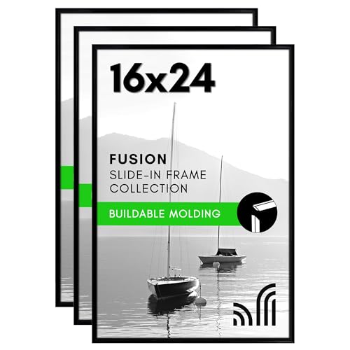 Americanflat 16x24 Poster Frame with Polished Front Cover Set of 3 SlideIn Photo Frame with Buildable Molding Fusion Collection Picture Frames for Wall Display Black