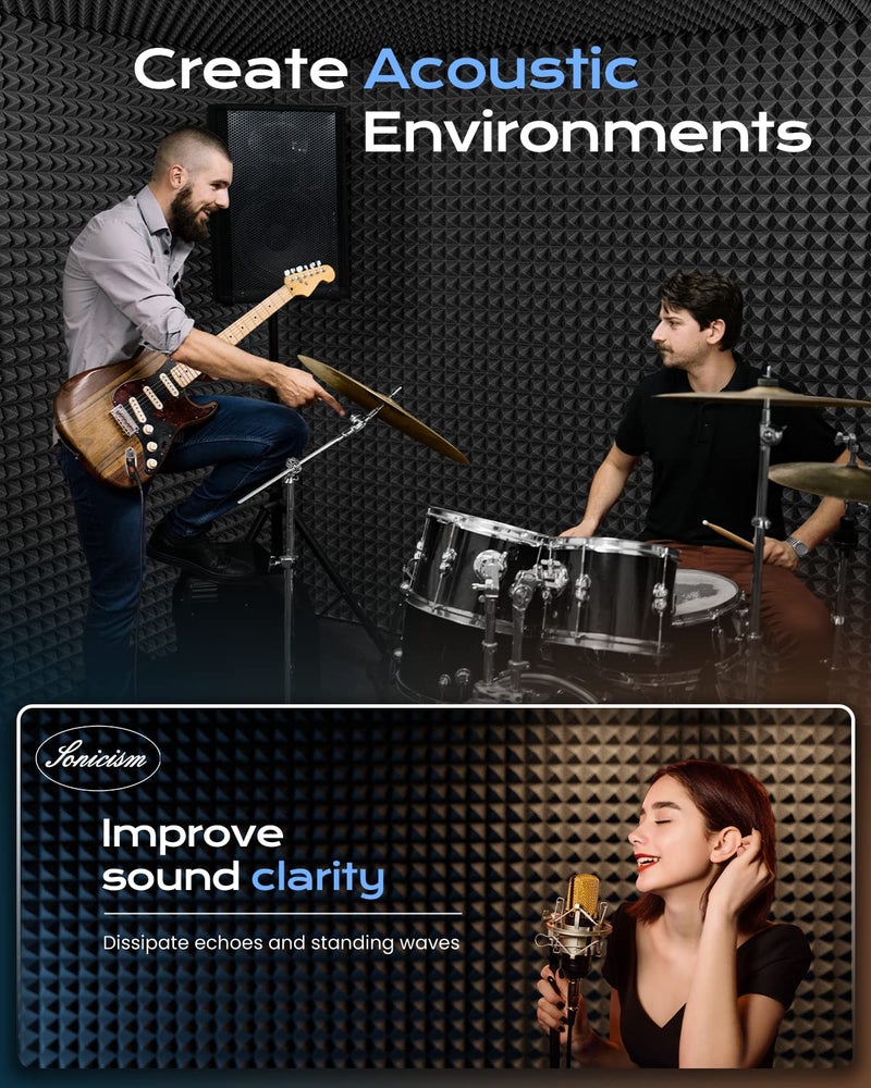 Sonicism 12 Pack Pyramid Sound Proof Foam Panels with Self-Adhesive, 12" X 12" X 2" Acoustic Foam Panels of High Density, Soundproof Wall Panels Fast Expand, Sound Absorption and Decoration (Black) - Image 5