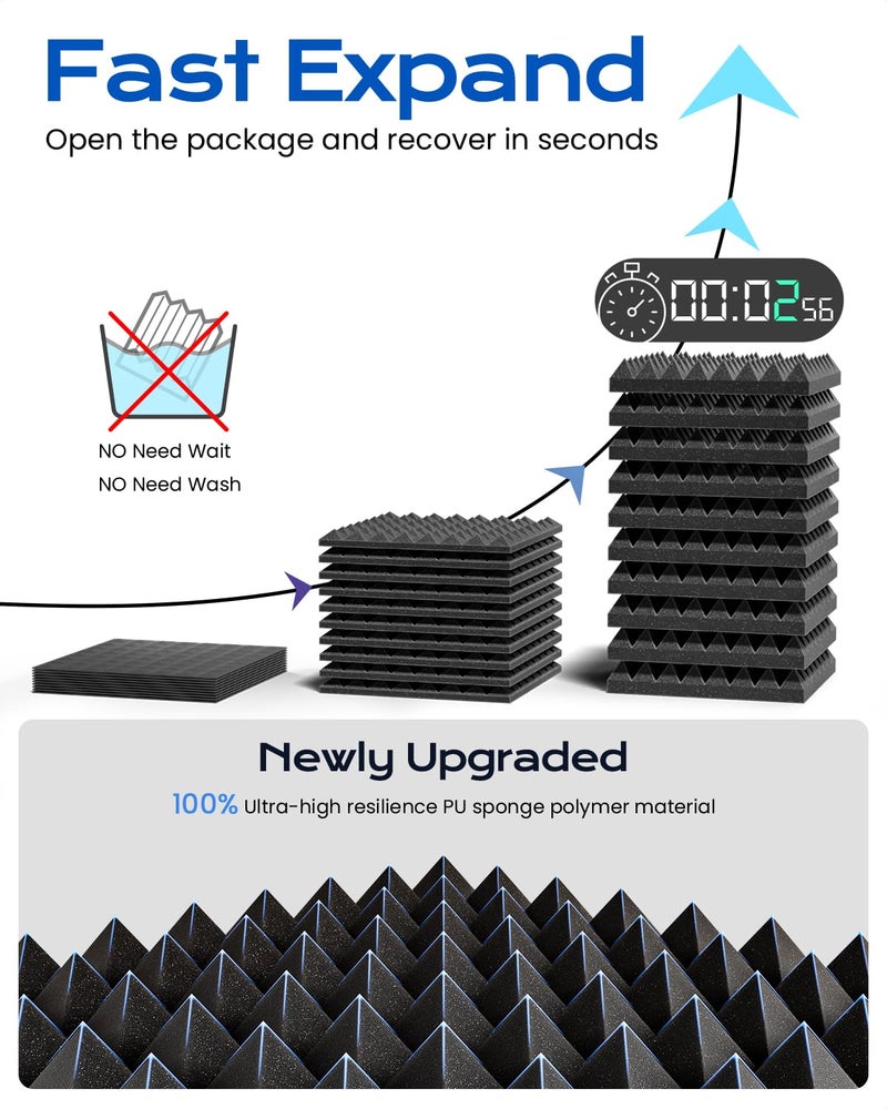 Sonicism 12 Pack Pyramid Sound Proof Foam Panels with Self-Adhesive, 12" X 12" X 2" Acoustic Foam Panels of High Density, Soundproof Wall Panels Fast Expand, Sound Absorption and Decoration (Black) - Image 2