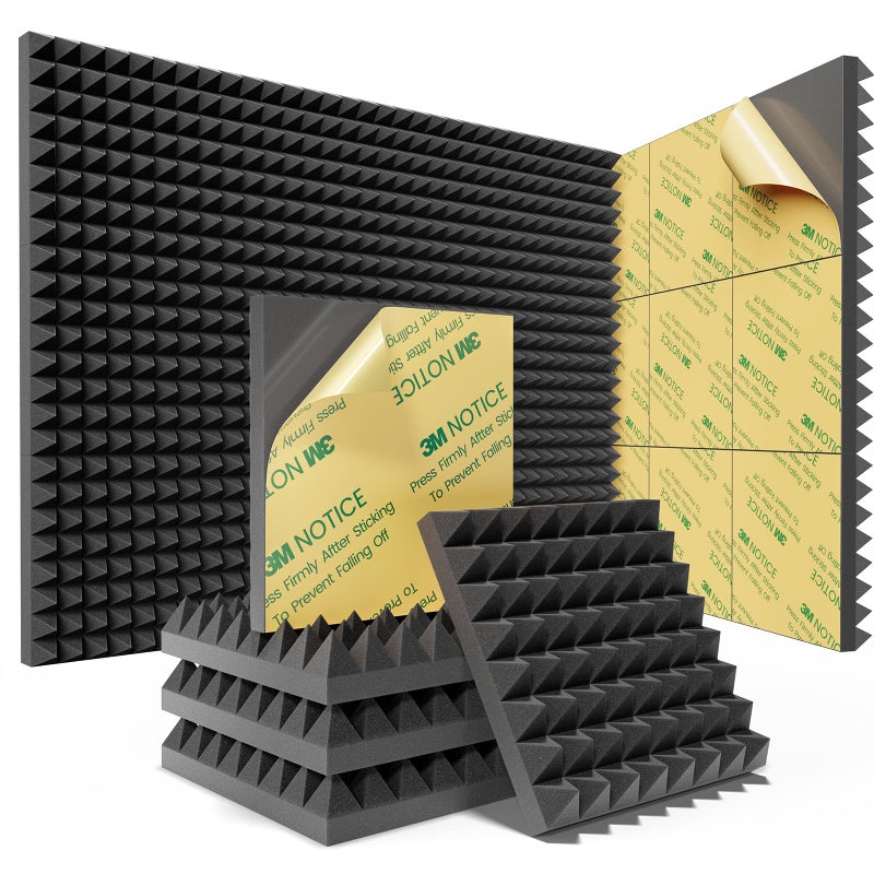 Sonicism 12 Pack Pyramid Sound Proof Foam Panels with Self-Adhesive, 12" X 12" X 2" Acoustic Foam Panels of High Density, Soundproof Wall Panels Fast Expand, Sound Absorption and Decoration (Black) - Image 1