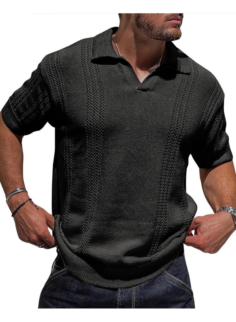 NIBEMINENT قميص بولو للرجال بأكمام قصيرة بياقة قابلة للطي قميص سهل الارتداء محبوك فضفاض صيفي بسيط قميص تي مثقوب - Image 1