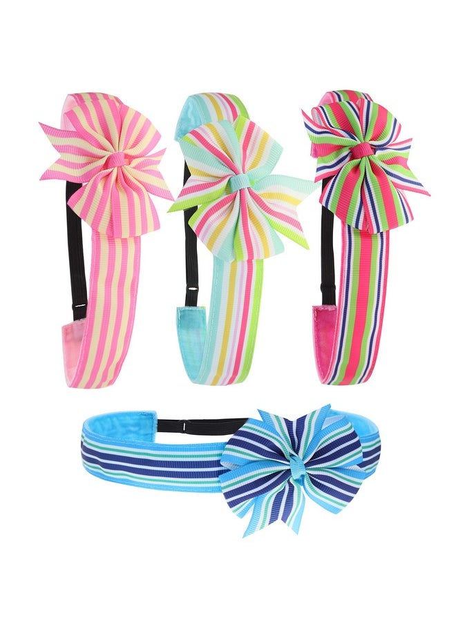 FROG SAC 4 Preppy Striped Bow Headbands For Girls Cute Hair Accessories For Kids Adjustable No Slip Grosgrain Ribbon Headband Pack For Kids Elastic Non Slip Fashion Hairbands With Bows For Children  - Image 2