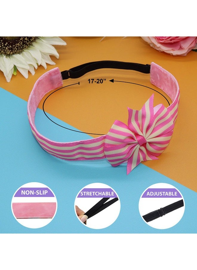 FROG SAC 4 Preppy Striped Bow Headbands For Girls Cute Hair Accessories For Kids Adjustable No Slip Grosgrain Ribbon Headband Pack For Kids Elastic Non Slip Fashion Hairbands With Bows For Children  - Image 5