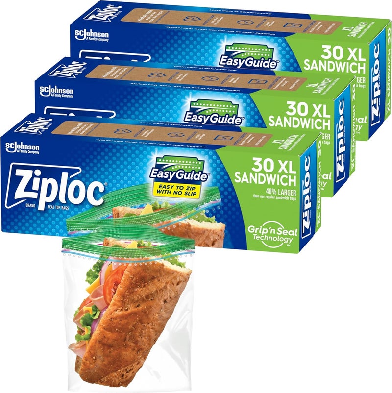 Ziploc XL Sandwich and Snack Bags with EasyGuide Texture Plastic Storage Bags with Grip n Seal Technology 90 Bags Total - Image 1