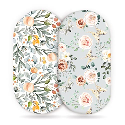 GRSSDER GRSSDER Stretchy Ultra Soft Fitted Bassinet Sheet Set 2 Pack for Girls Universal Fit for Baby Cradle Moses Basket Oval Rectangle Mattress Watercolor Flowers and Fruits