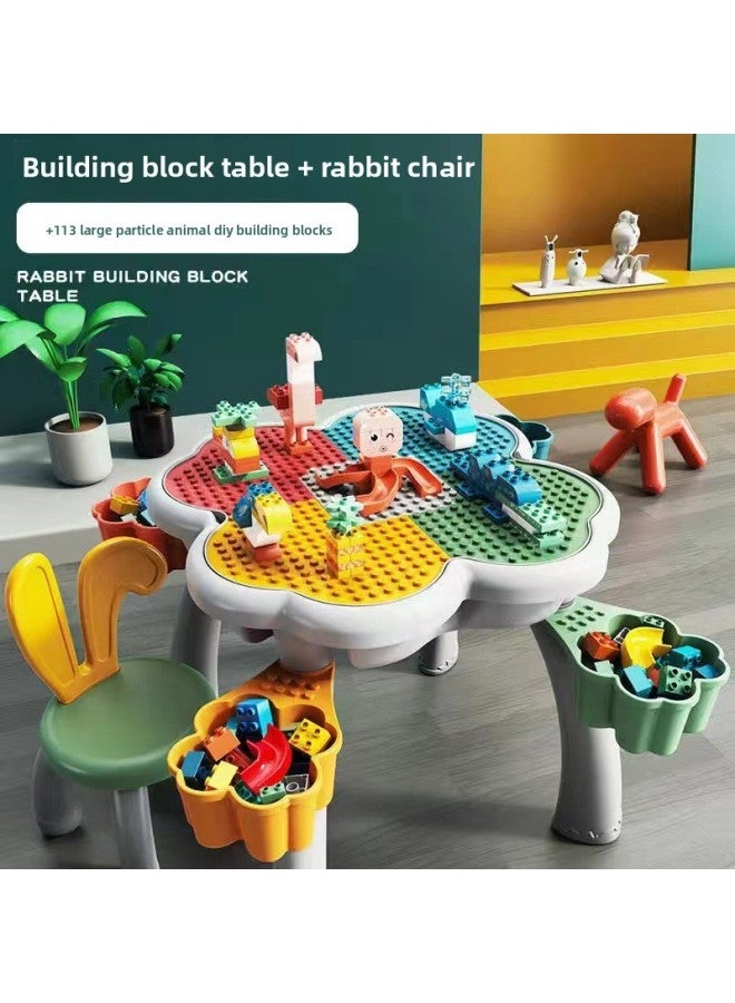 طاولة مكعبات بناء Wangao متوافقة مع مكعبات بناء الأطفال من ليجو، ألعاب طاولة دراسة متعددة الوظائف - اللون: طاولة بتلات + كرسي أرنب 1 + أربعة صناديق تخزين + 113 مكعبات بناء على شكل حيوانات جسيمات كبيرة يمكنك صنعها بنفسك - Image 1