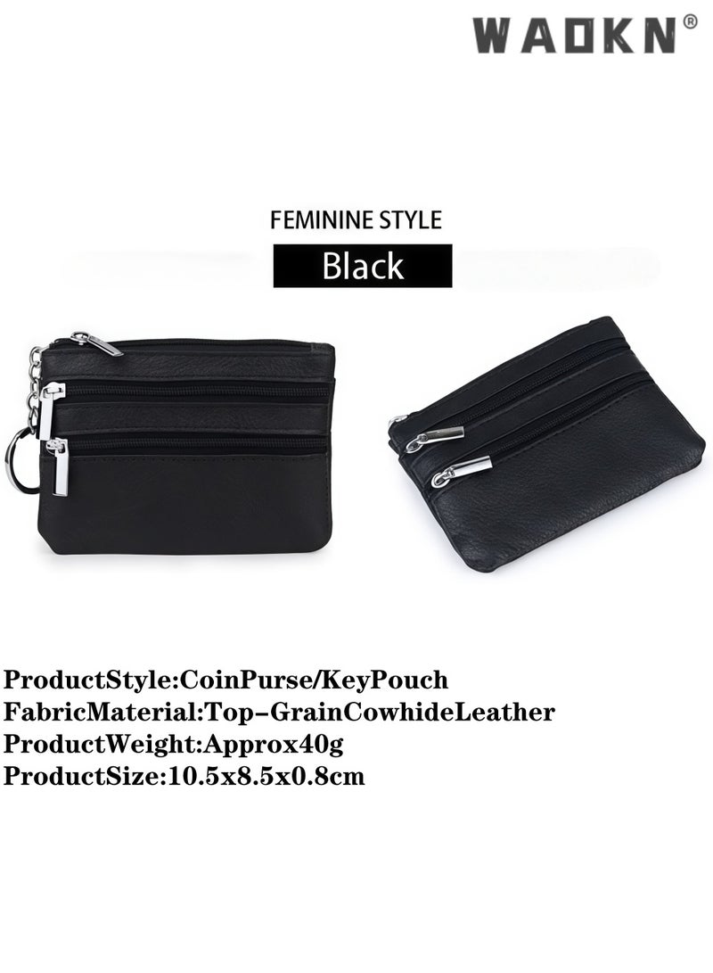 WAOKN Women Ladies Genuine Top Grain Cowhide Leather Mini Wallet, Unisex Zipper Coin Purse with Key Ring, Portable Slim 1-Fold Card Holder for Keys Credit Cards Driver License, Exquisite Stitching Urban Style,black - Image 3
