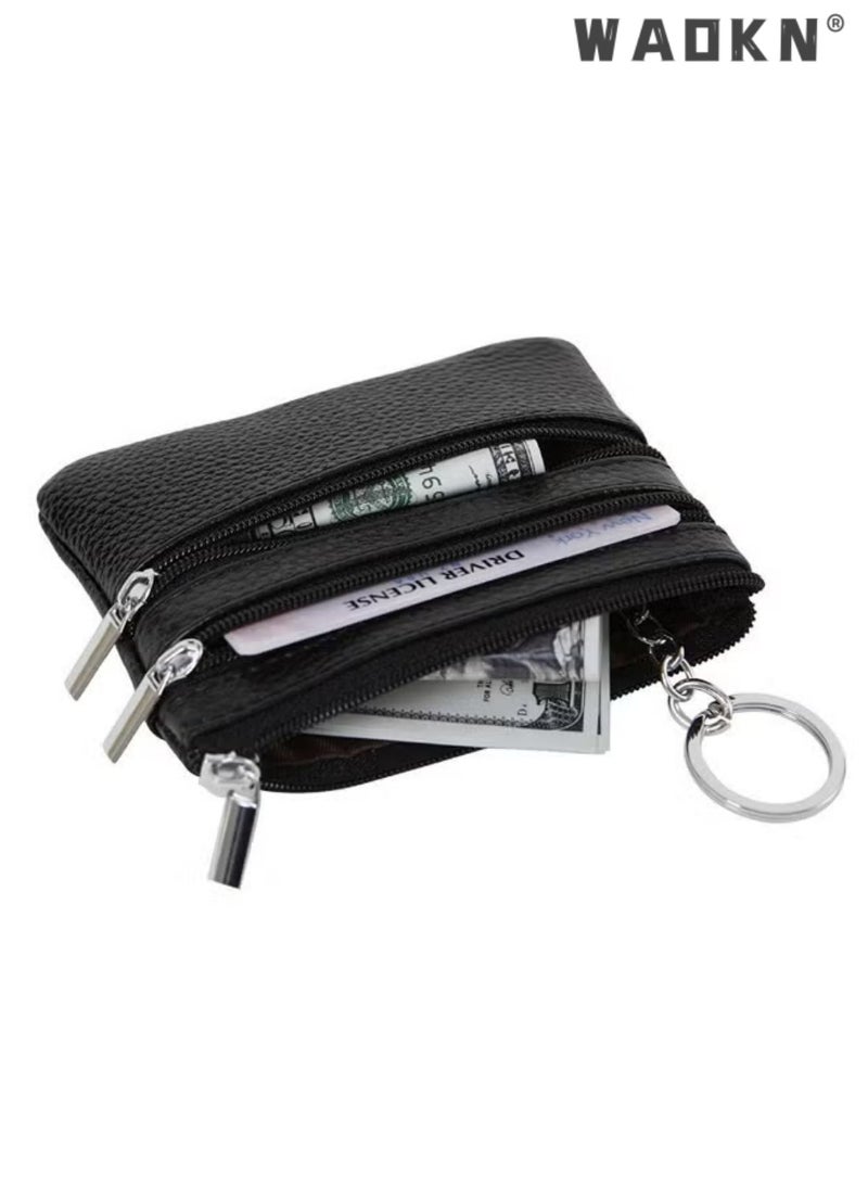 WAOKN Women Ladies Genuine Top Grain Cowhide Leather Mini Wallet, Unisex Zipper Coin Purse with Key Ring, Portable Slim 1-Fold Card Holder for Keys Credit Cards Driver License, Exquisite Stitching Urban Style,black - Image 4