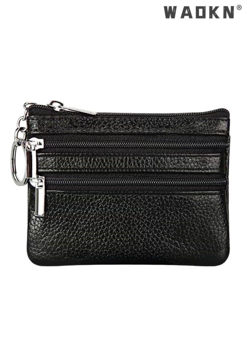 WAOKN Women Ladies Genuine Top Grain Cowhide Leather Mini Wallet, Unisex Zipper Coin Purse with Key Ring, Portable Slim 1-Fold Card Holder for Keys Credit Cards Driver License, Exquisite Stitching Urban Style,black - Image 1