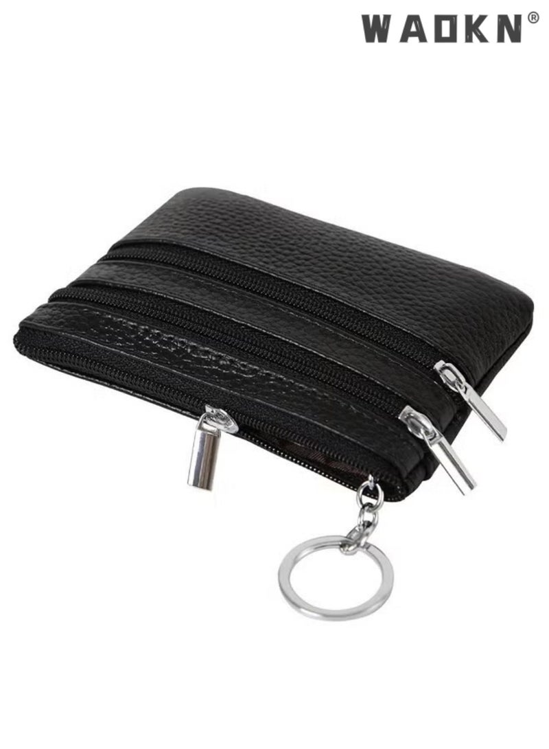 WAOKN Women Ladies Genuine Top Grain Cowhide Leather Mini Wallet, Unisex Zipper Coin Purse with Key Ring, Portable Slim 1-Fold Card Holder for Keys Credit Cards Driver License, Exquisite Stitching Urban Style,black - Image 5