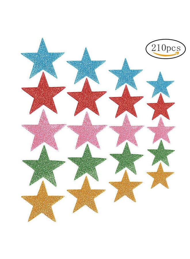 وود 210 قطعة من ملصقات النجوم الإسفنجية اللامعة الملونة، ملصقات نجوم ذاتية اللصق على شكل نجمة، ملصقات حائط على شكل نجمة لمستلزمات الأعمال الفنية للأطفال، تزيين حفلات أعياد الميلاد المنزلية (4 مقاسات) - Image 2
